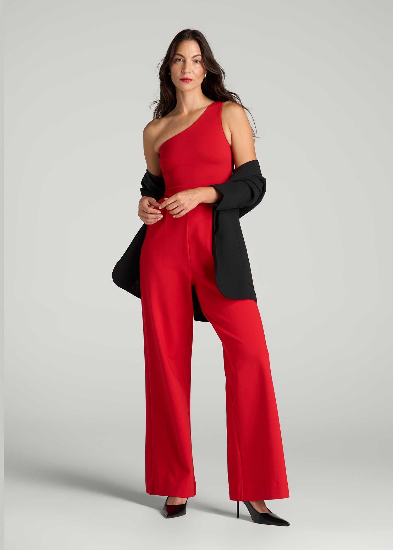 Flex Ponte One Shoulder Evening Jumpsuit for Tall Women in Salsa