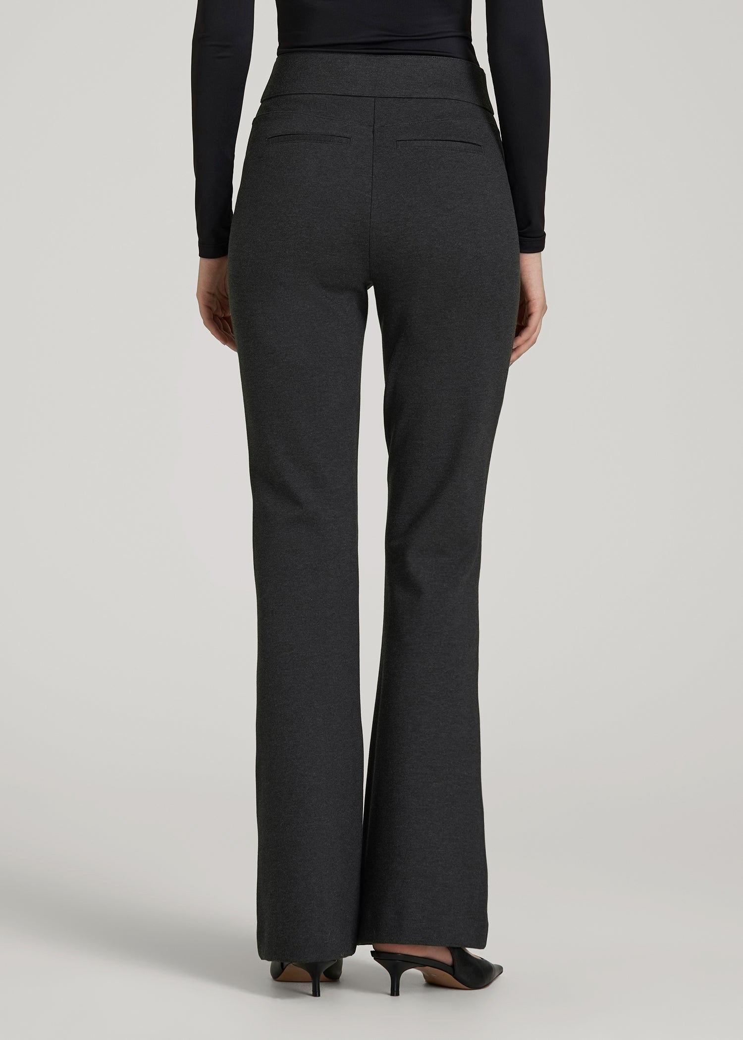 pull on flare dress pants Flex Ponte for Tall Women in Dark Charcoal Heather L / Tall / Dark Charcoal Heather Dress blues with the Color:Light Natural Leather Lunara Lift Tuck Technology hidden