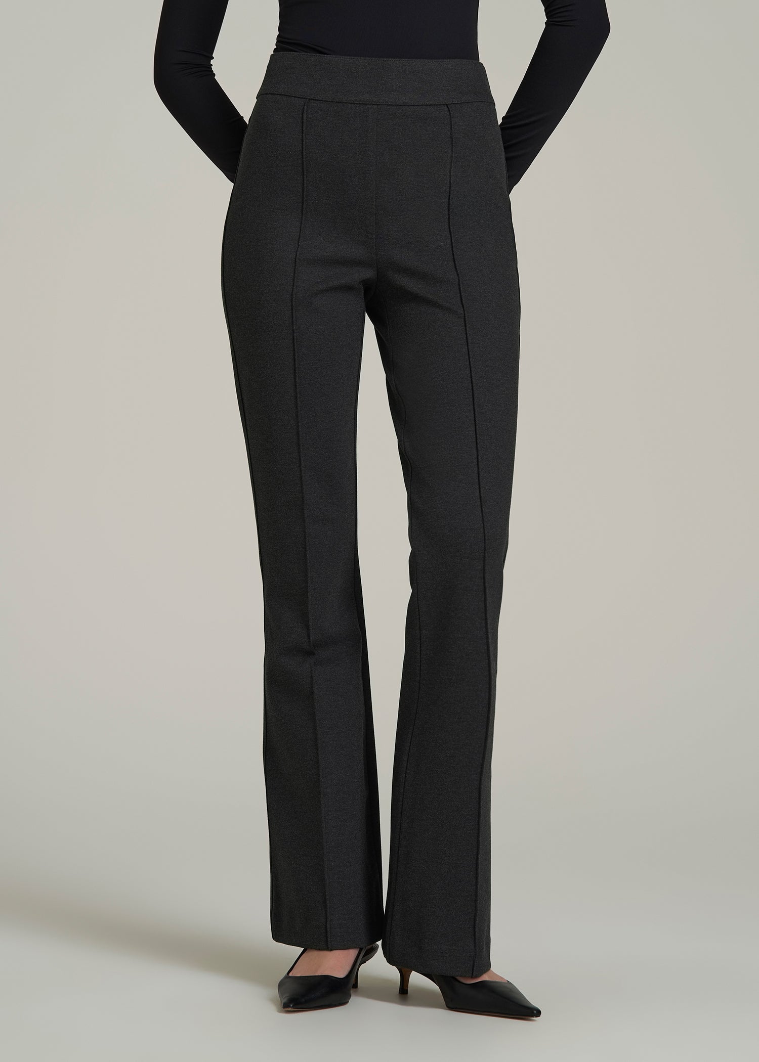 Soft Flex Ponte Pull On Flare Pants for Tall Women in Dark Charcoal Heather