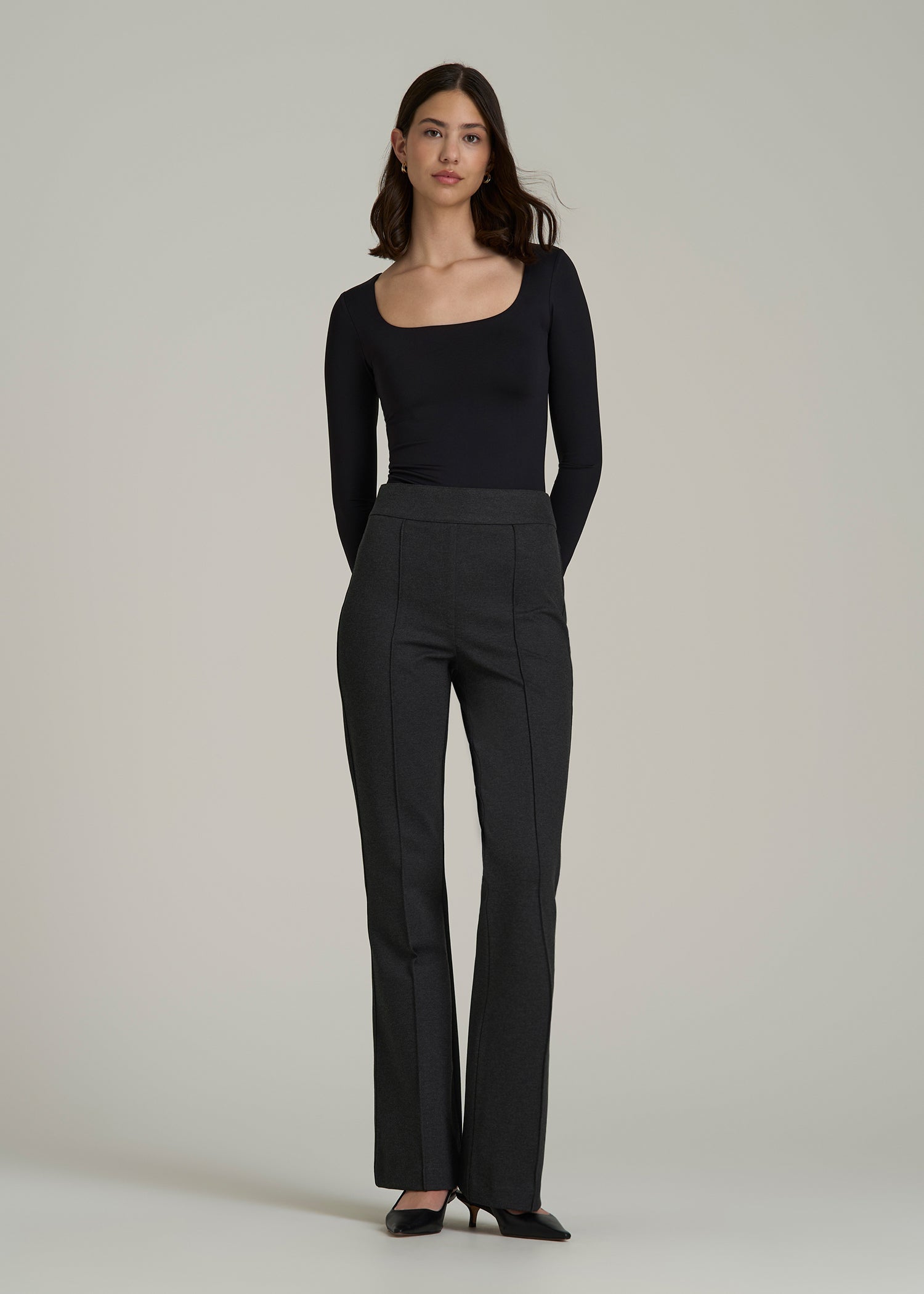 Soft Flex Ponte Pull On Flare Pants for Tall Women in Dark Charcoal Heather