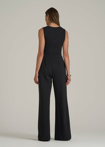 Soft Flex Ponte Wide-Leg V-Neck Jumpsuit for Tall Women in Black