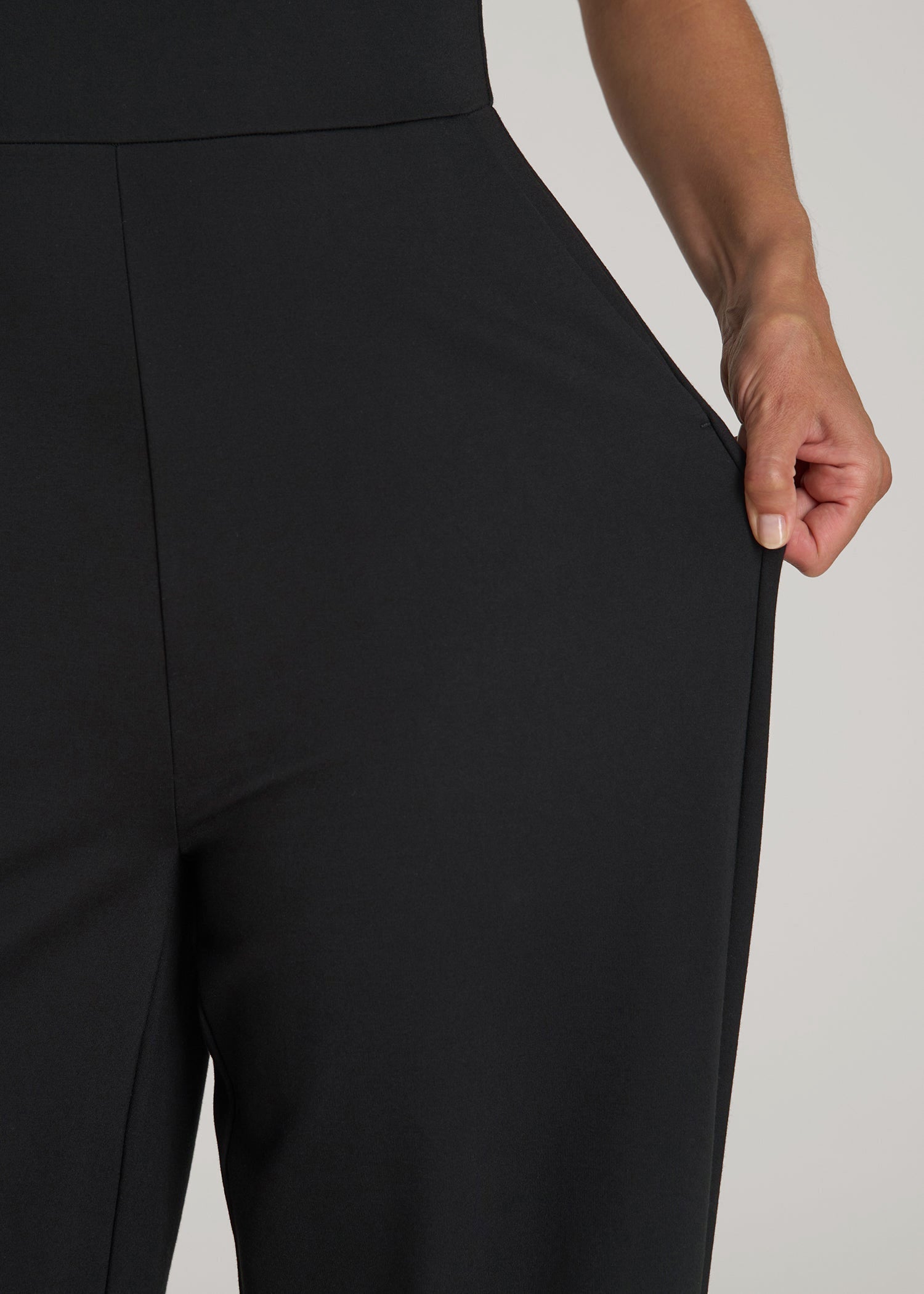 Soft Flex Ponte Wide-Leg V-Neck Jumpsuit for Tall Women in Black