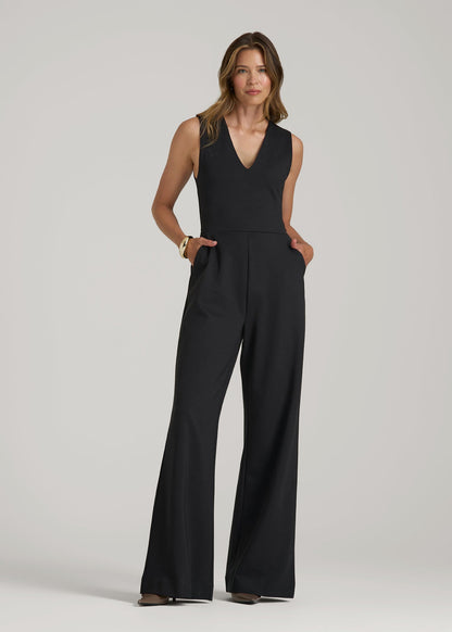 Soft Flex Ponte Wide-Leg V-Neck Jumpsuit for Tall Women in Black