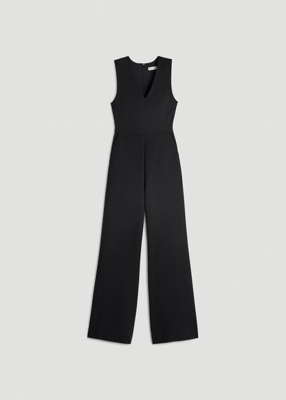 Soft Flex Ponte Wide-Leg V-Neck Jumpsuit for Tall Women in Black