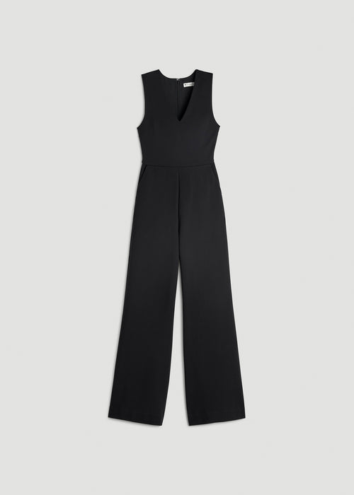 Soft Flex Ponte Wide-Leg V-Neck Jumpsuit for Tall Women in Black