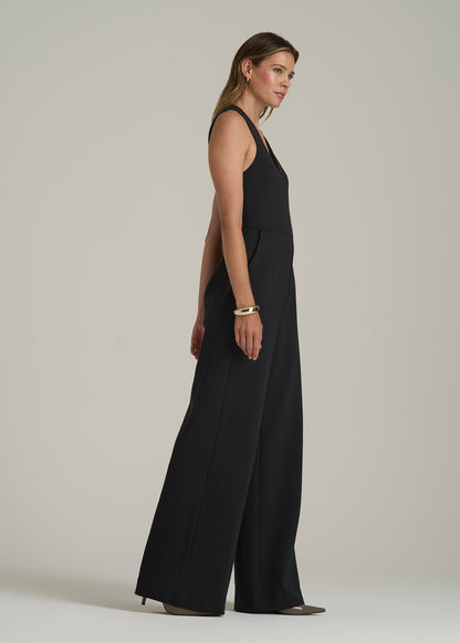 Soft Flex Ponte Wide-Leg V-Neck Jumpsuit for Tall Women in Black