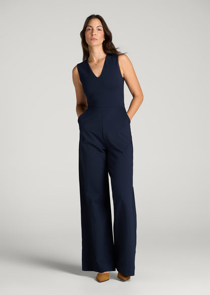 Flex Ponte Wide Leg V-Neck Jumpsuit for Tall Women in Navy