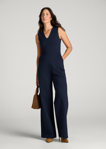 Flex Ponte Wide Leg V-Neck Jumpsuit for Tall Women in Navy