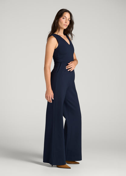 Flex Ponte Wide Leg V-Neck Jumpsuit for Tall Women in Navy
