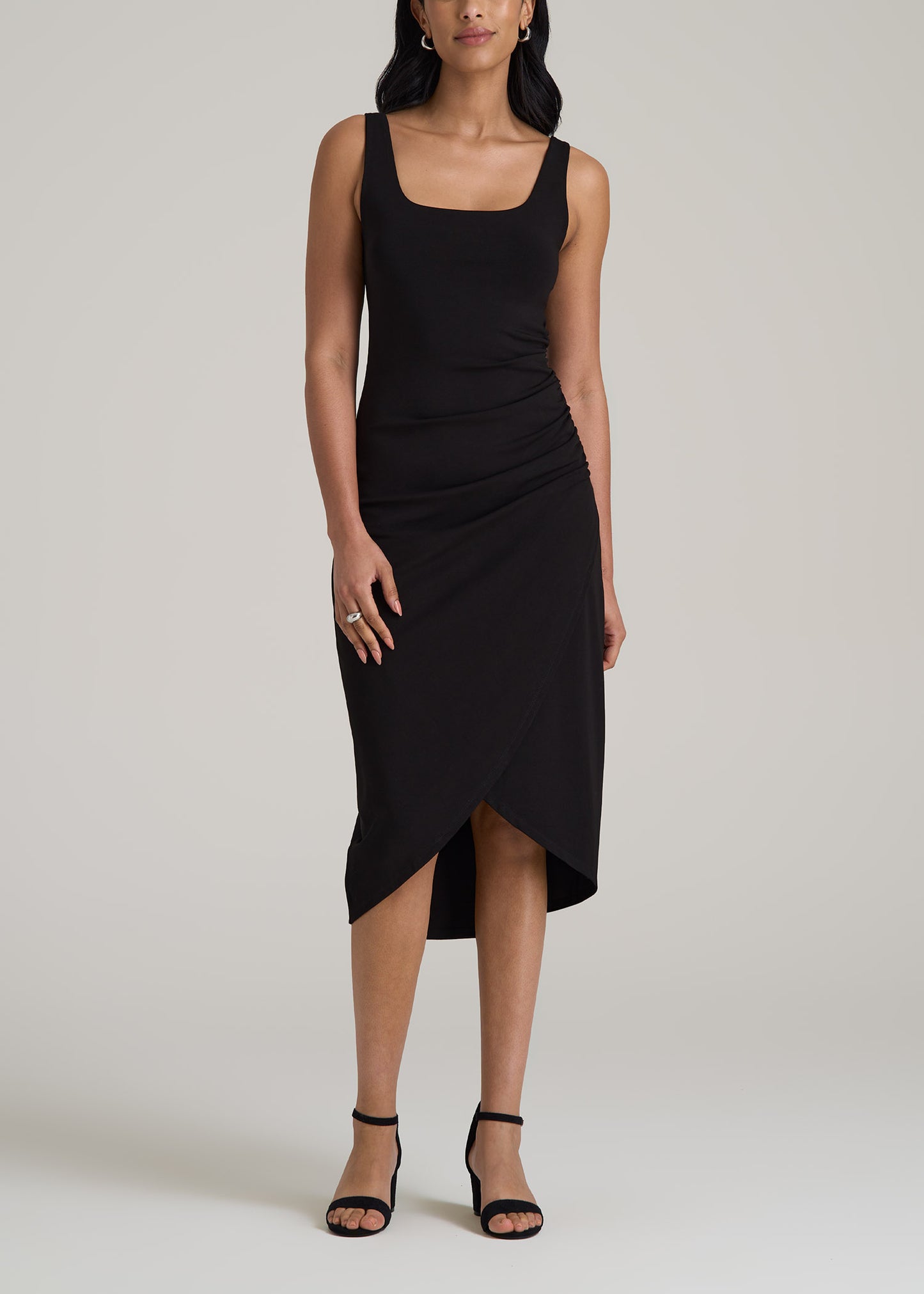 Squareneck Ruched Jersey Dress for Tall Women in Black