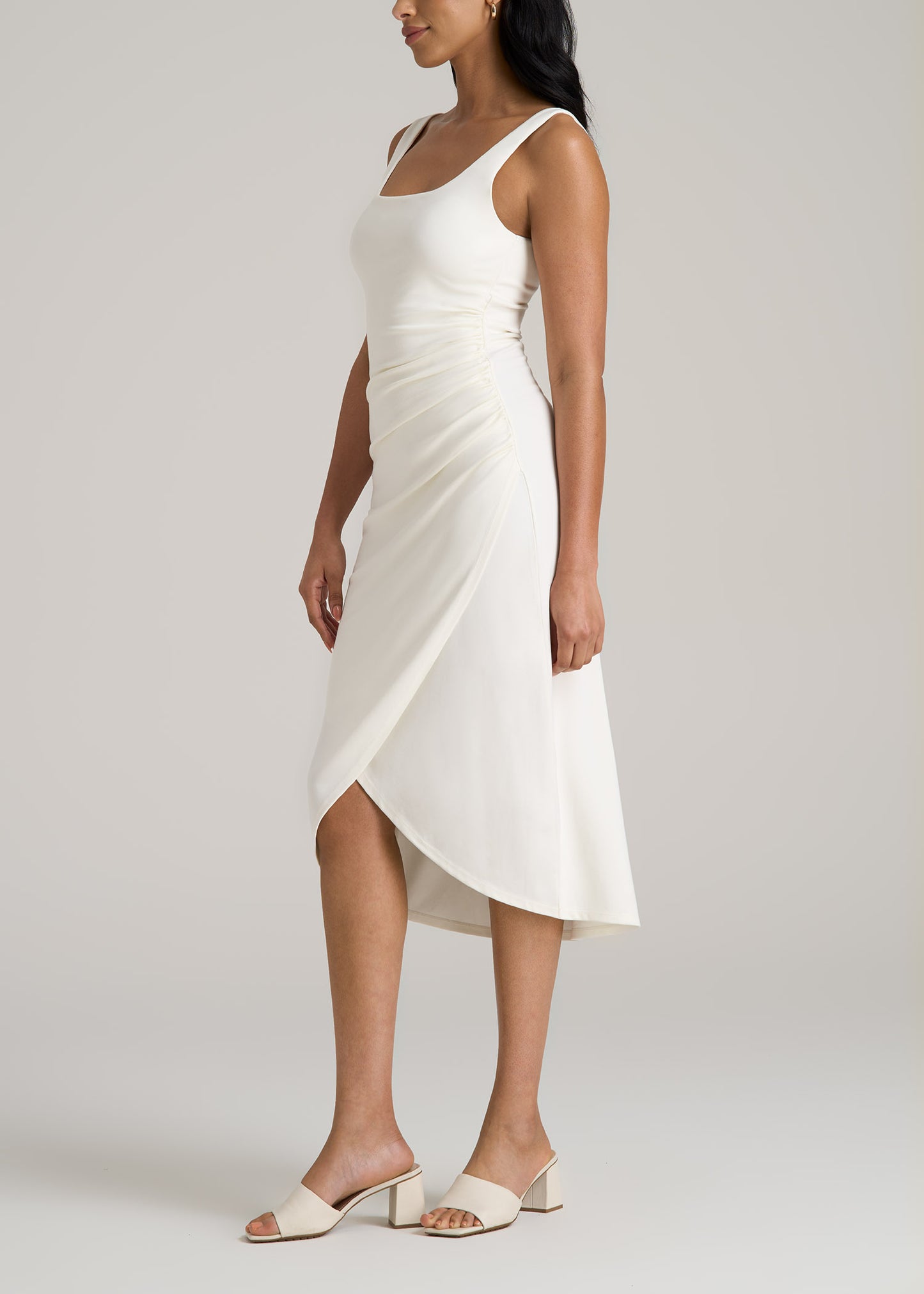 Squareneck Ruched Jersey Dress for Tall Women in White Alyssum