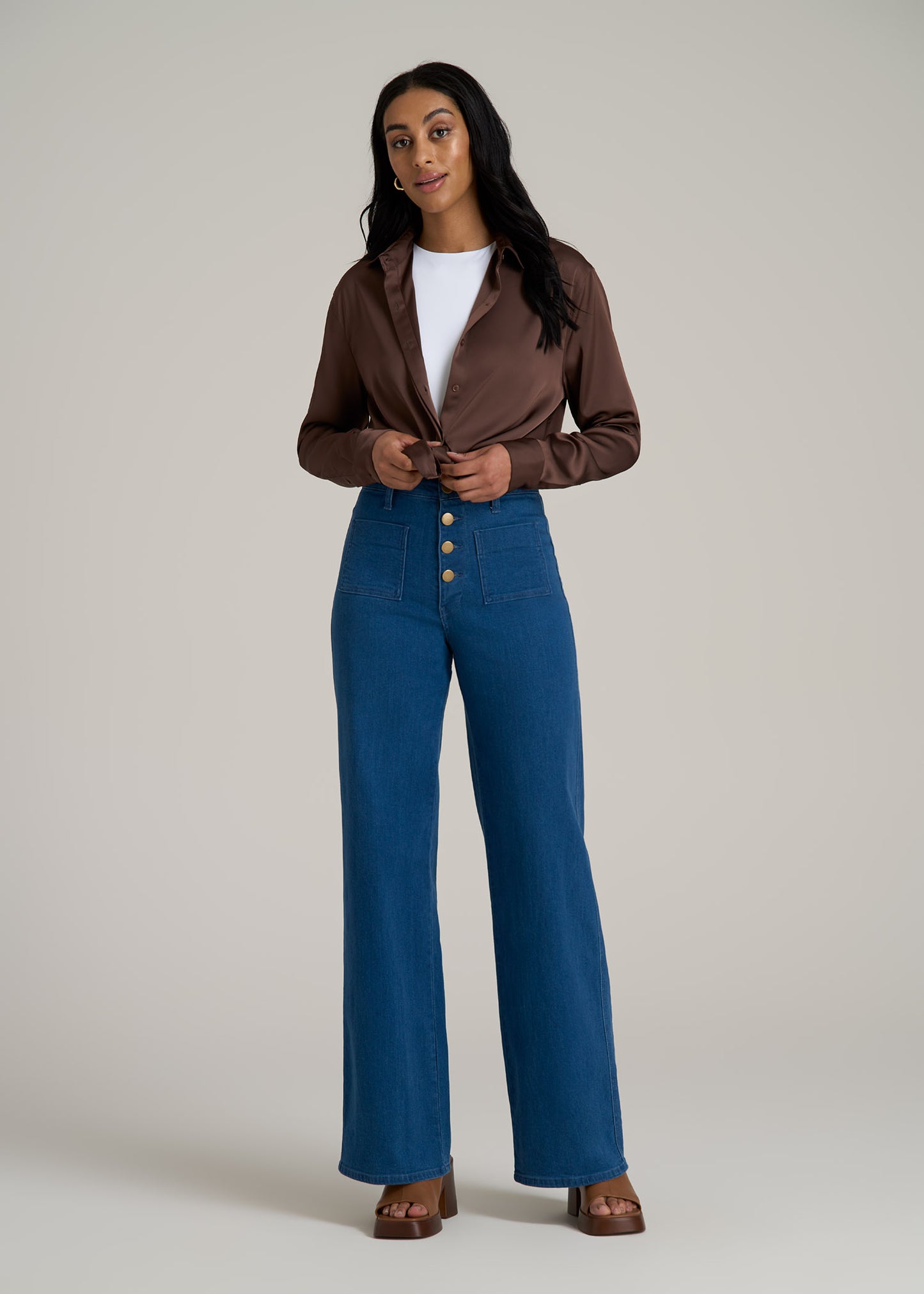 Stevie Wide Leg Patch Pocket Jean for Tall Women in 70's Blues