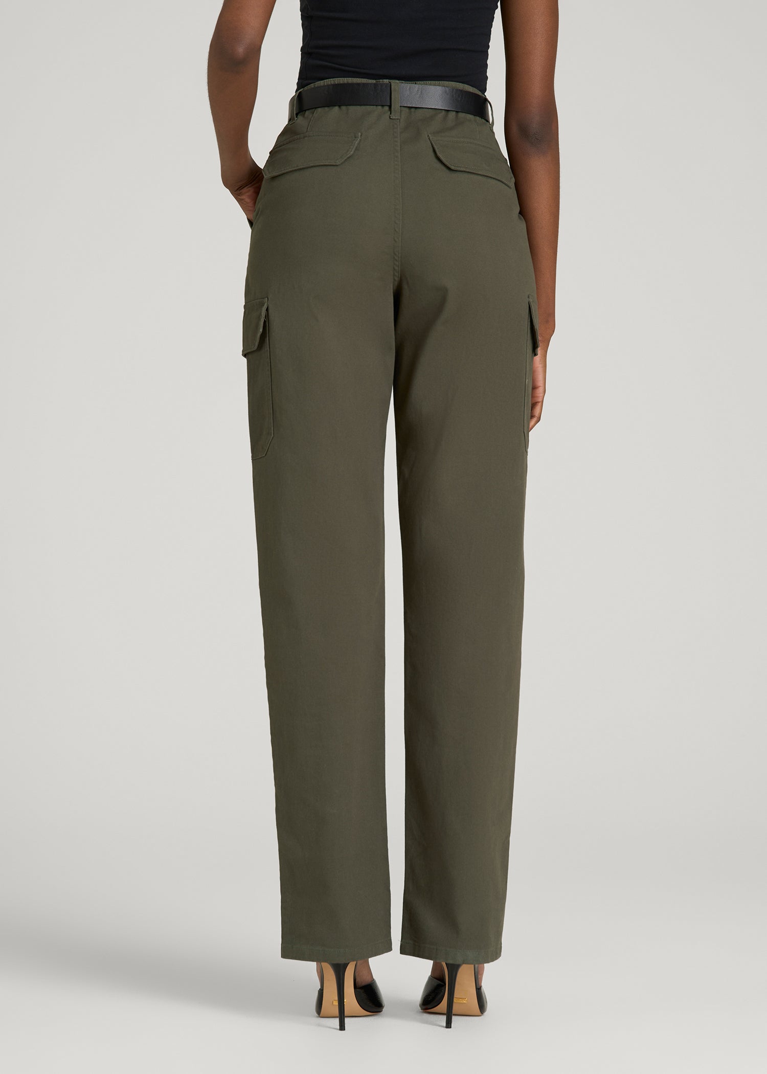 Straight Leg Cargo Chino Pants for Tall Women in Dark Moss Green