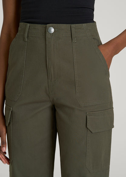 Straight Leg Cargo Chino Pants for Tall Women in Dark Moss Green