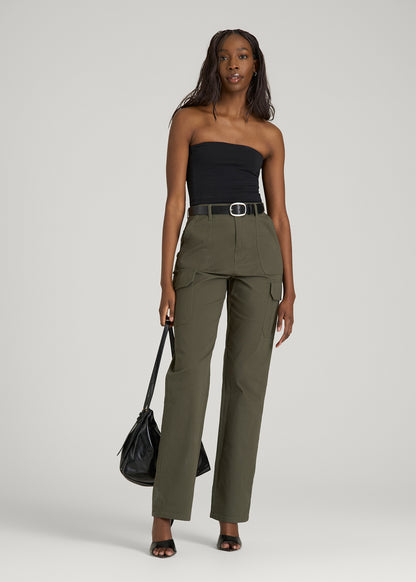 Straight Leg Cargo Chino Pants for Tall Women in Dark Moss Green