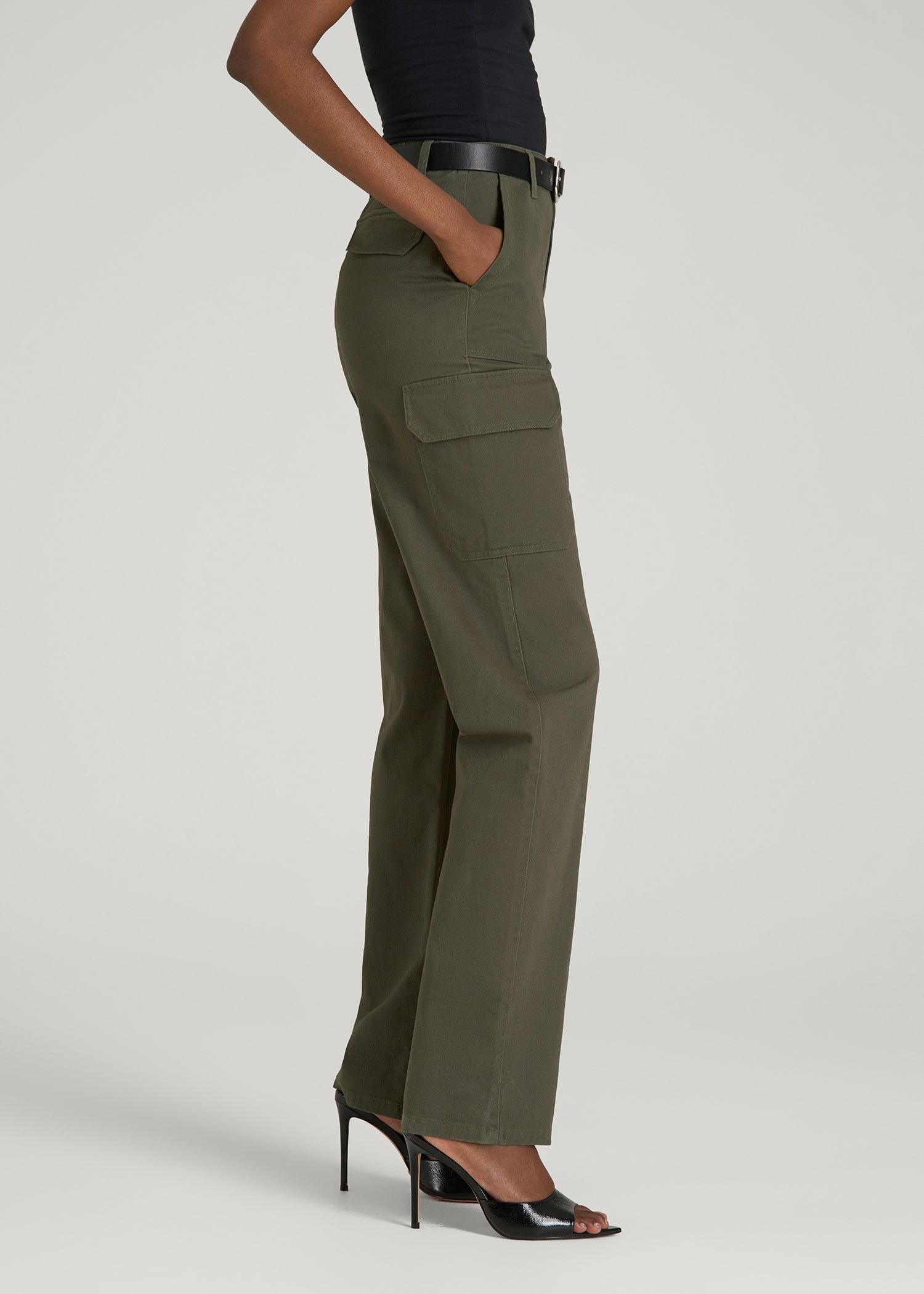 Straight Leg Cargo Chino Pants for Tall Women in Dark Moss Green