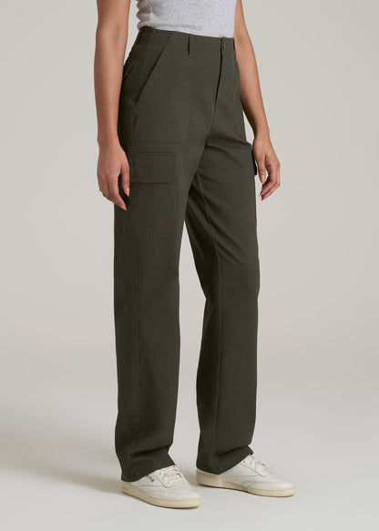 Straight Leg Cargo Chino Pants for Tall Women in Dark Moss Green