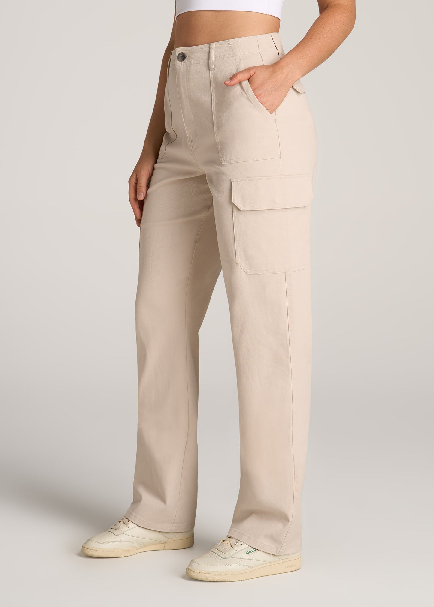 Straight Leg Cargo Chino Pants for Tall Women in Soft Beige