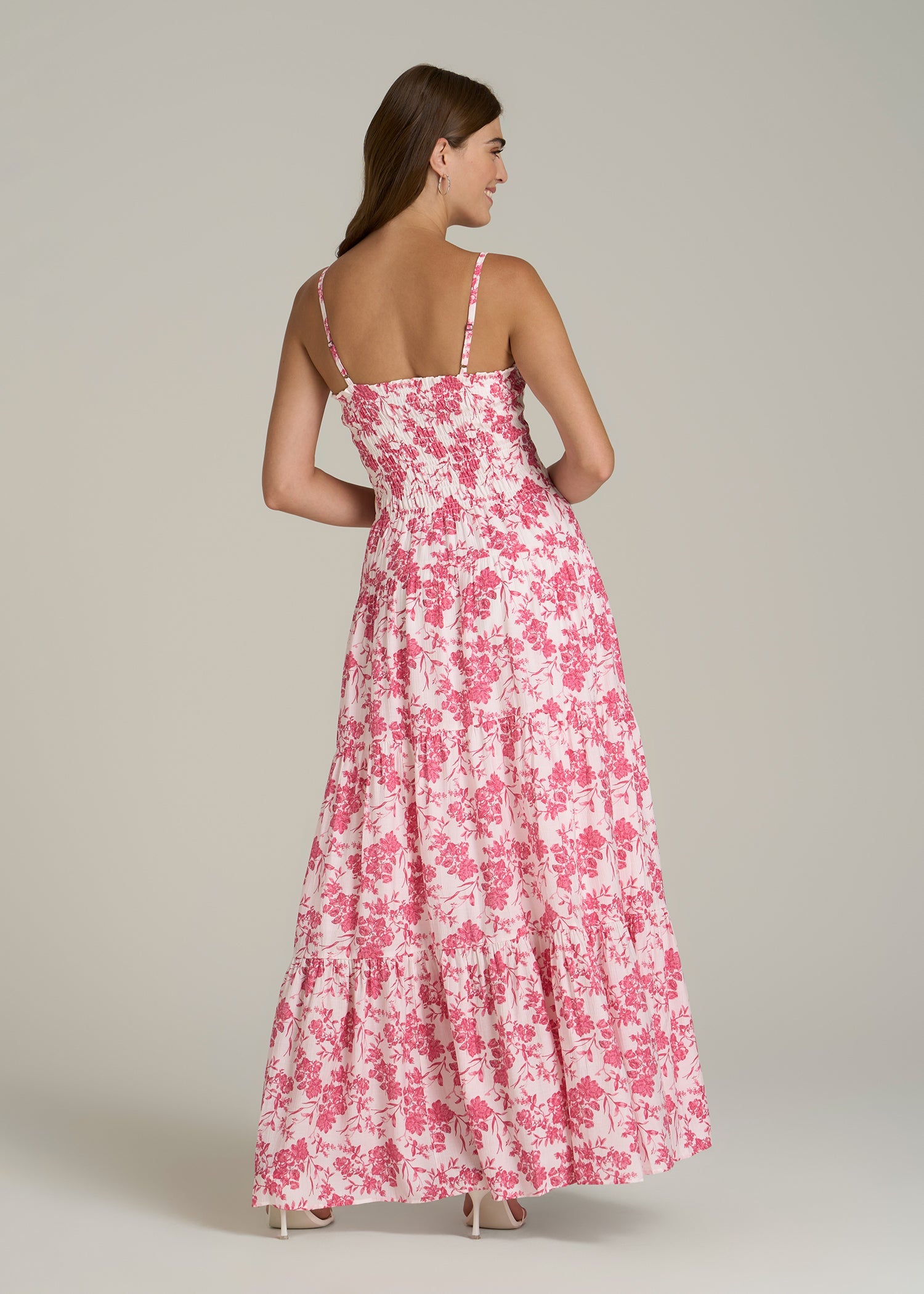 Strappy Tiered Maxi Dress for Tall Women in Pink Garden Floral