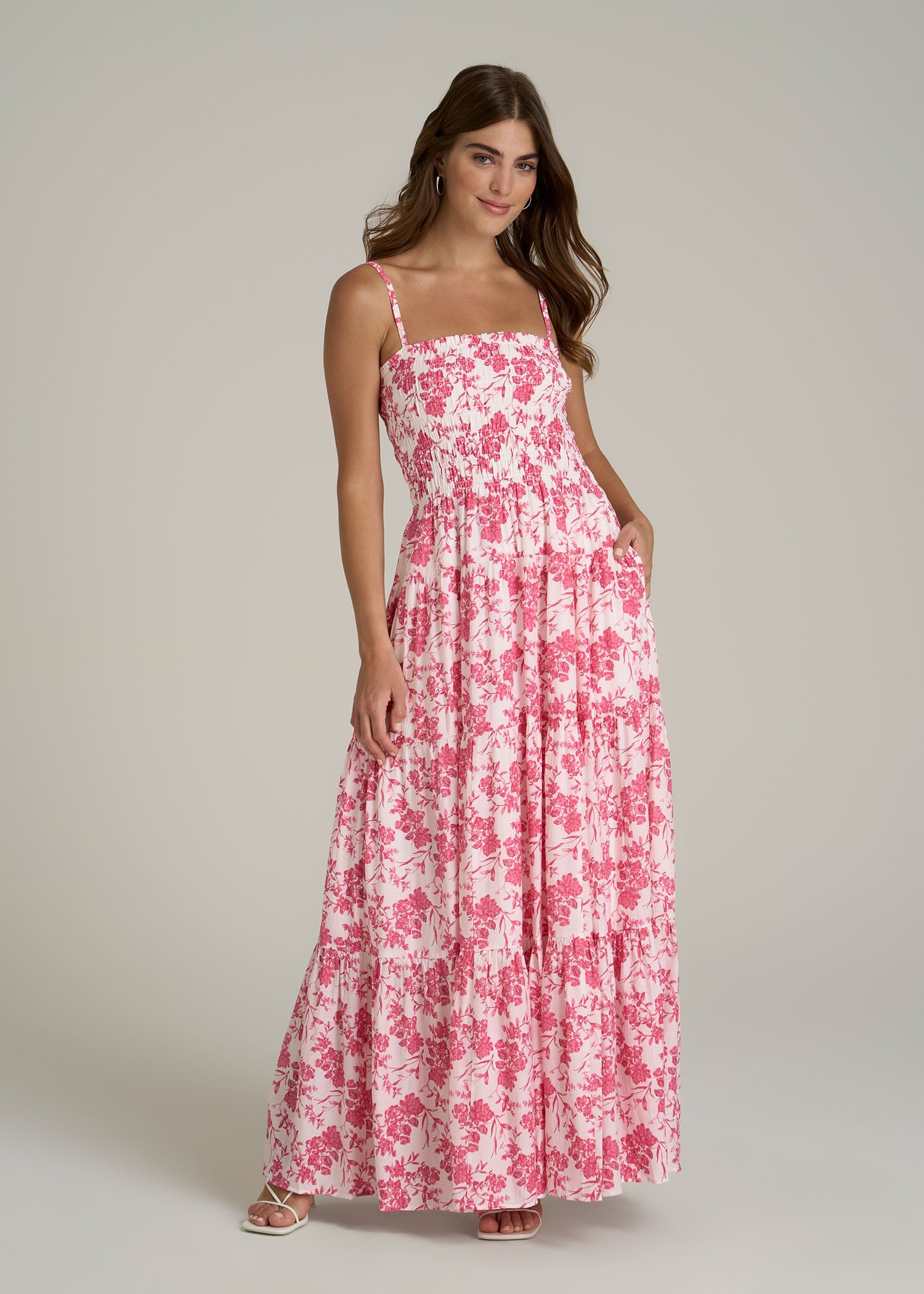 Strappy Tiered Maxi Dress for Tall Women in Pink Garden Floral