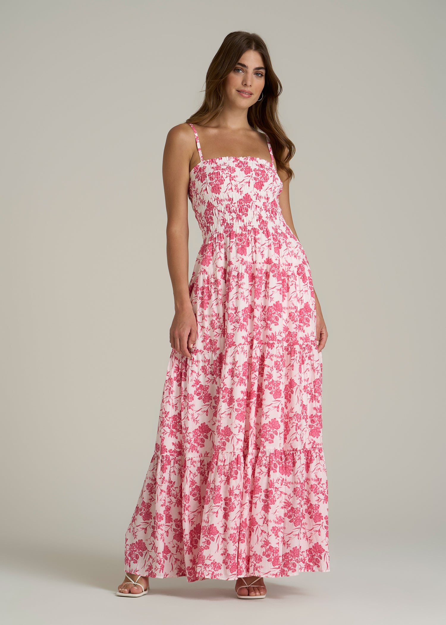 Strappy Tiered Maxi Dress for Tall Women in Pink Garden Floral
