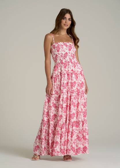 Strappy Tiered Maxi Dress for Tall Women in Pink Garden Floral