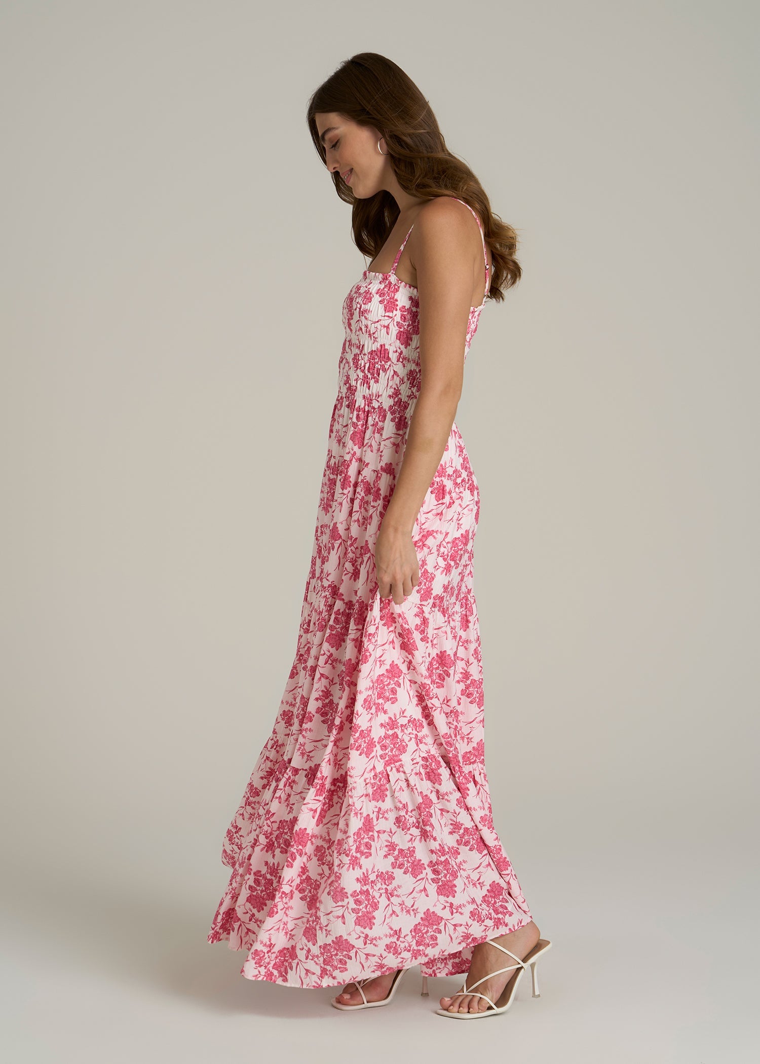 Strappy Tiered Maxi Dress for Tall Women in Pink Garden Floral