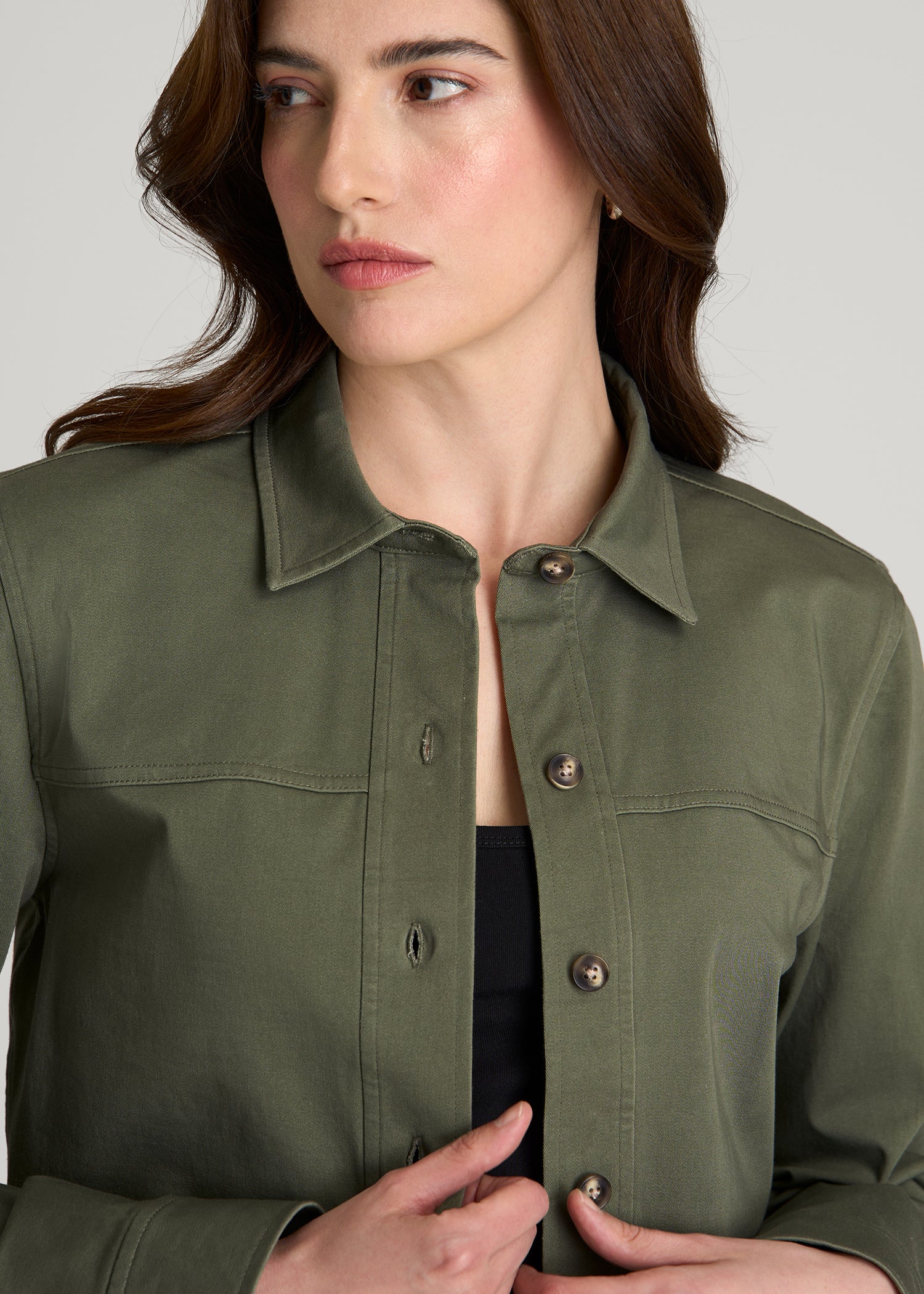Cropped Stretch Cargo Jacket for Tall Women in Olive