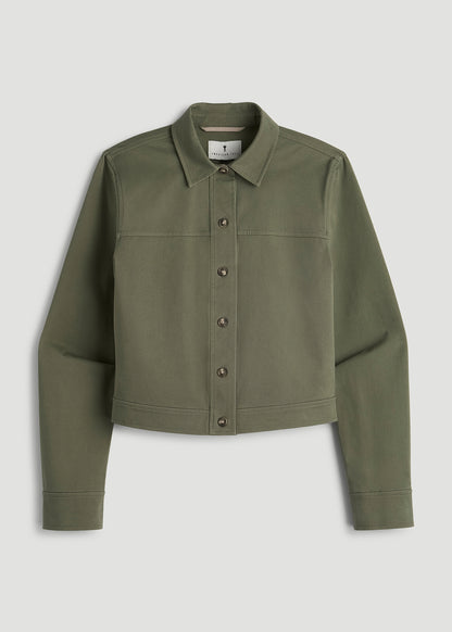 Stretch Commuter Military Cropped Cargo Jacket for Tall Women in Olive