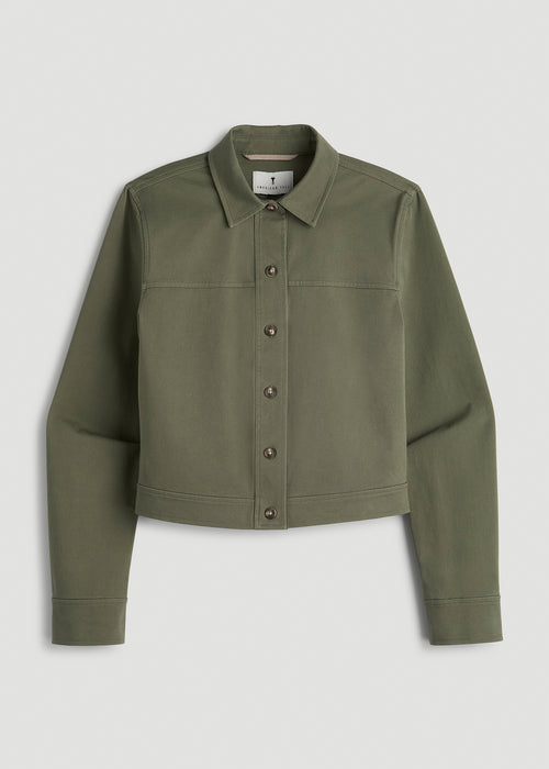 Stretch Commuter Military Cropped Cargo Jacket for Tall Women in Olive