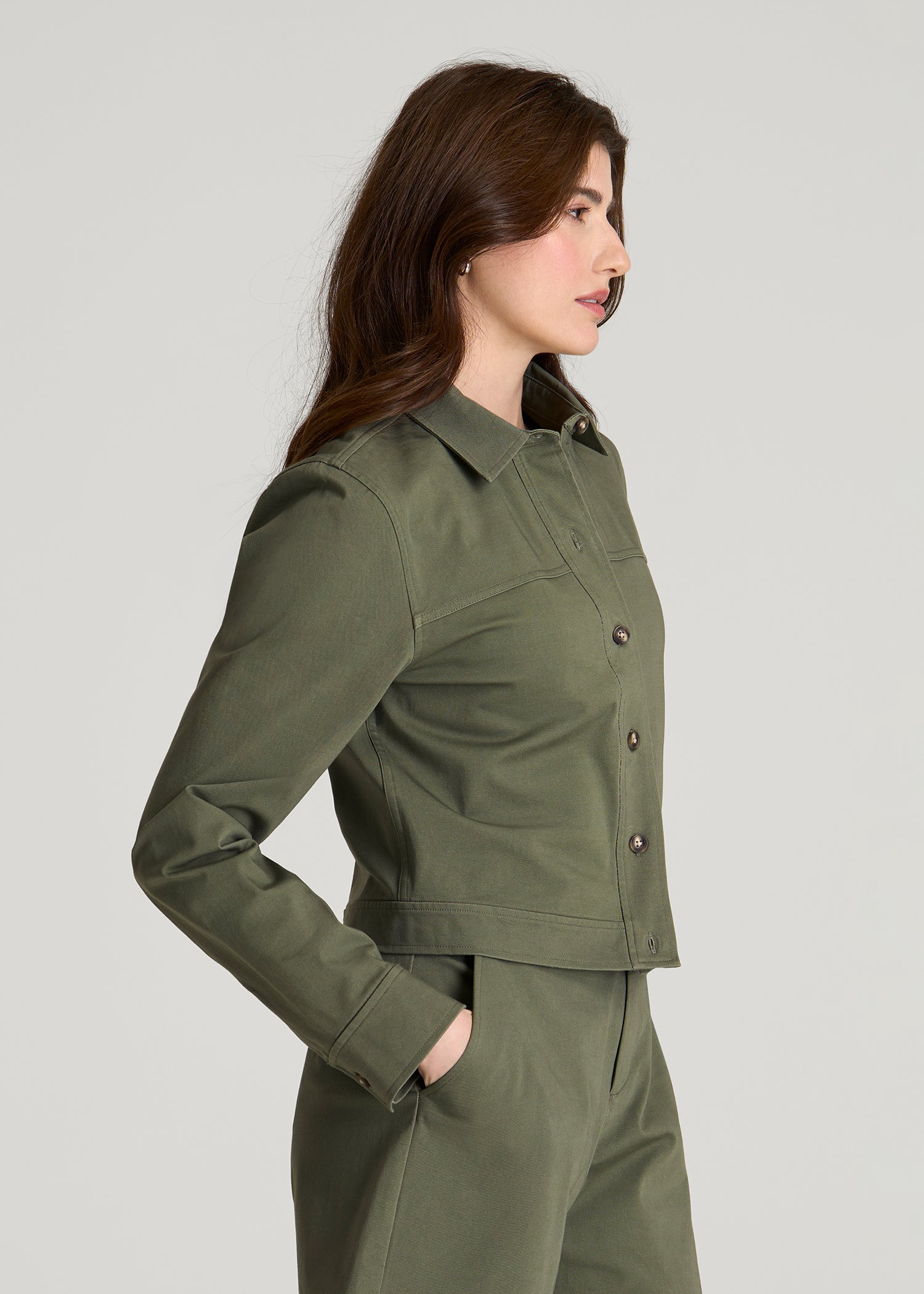 Cropped Stretch Cargo Jacket for Tall Women in Olive