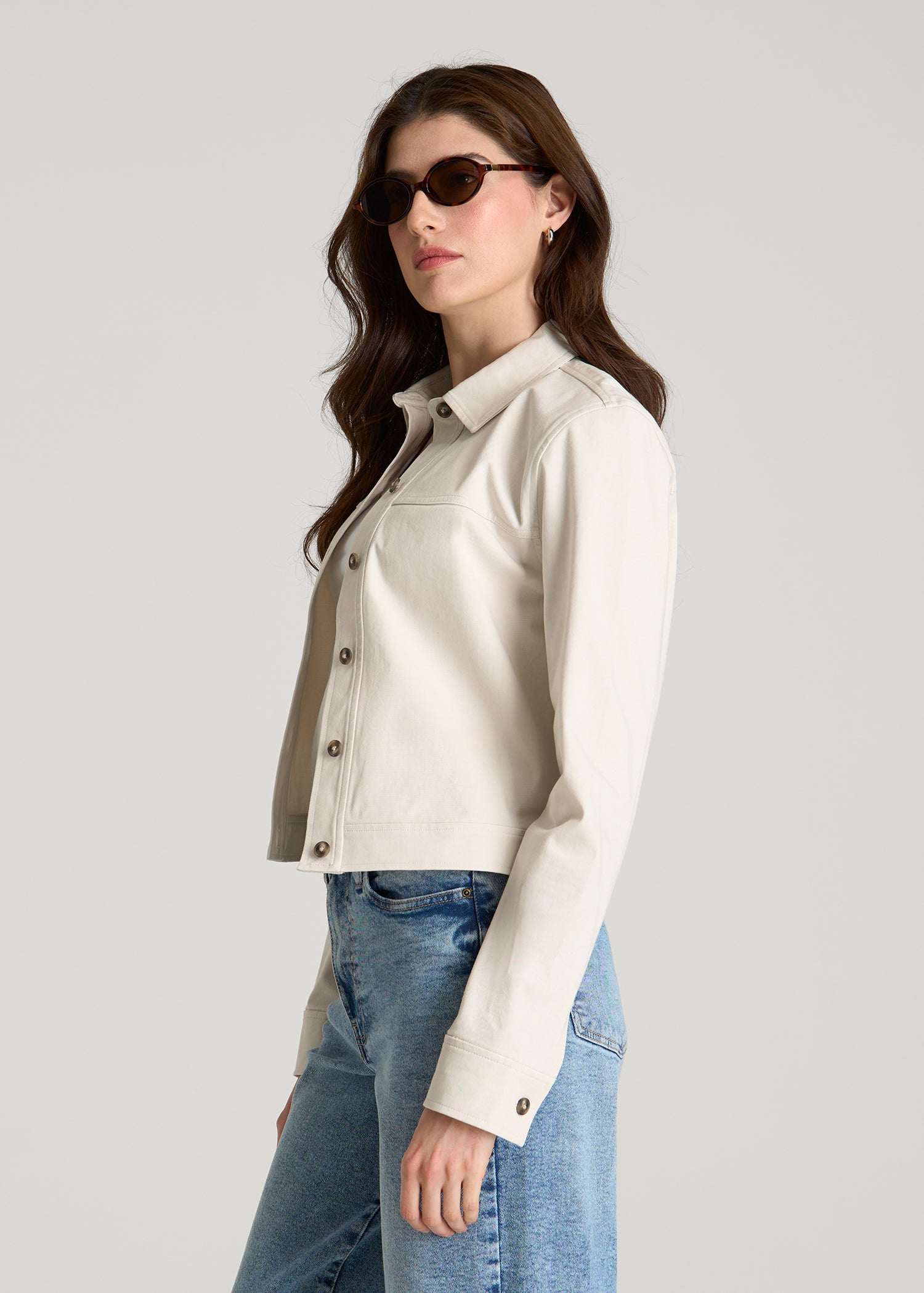 Cropped Stretch Cargo Jacket for Tall Women in White Sand