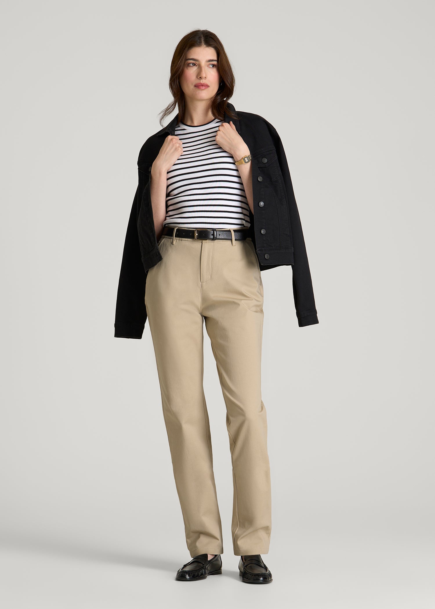 Stretch Commuter Tapered Fit Chino Pants for Tall Women in Warm Taupe