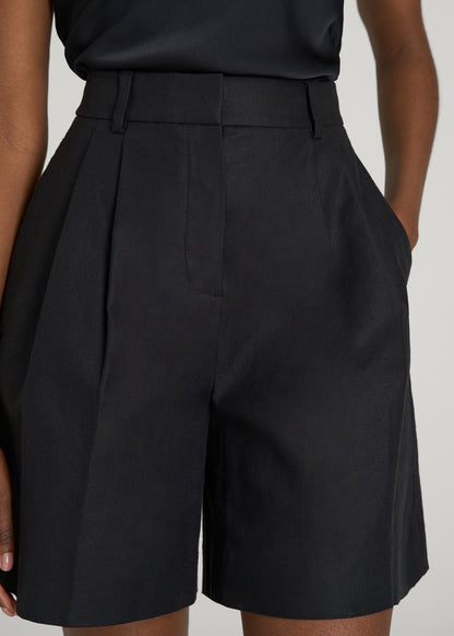 Stretch Cotton Linen Blend Pleated Shorts for Tall Women in Black