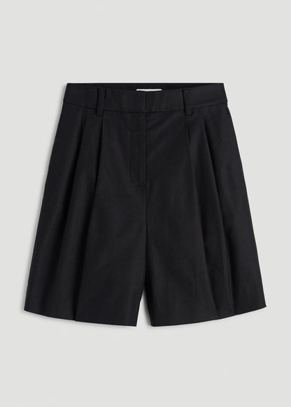 Stretch Cotton Linen Blend Pleated Shorts for Tall Women in Black
