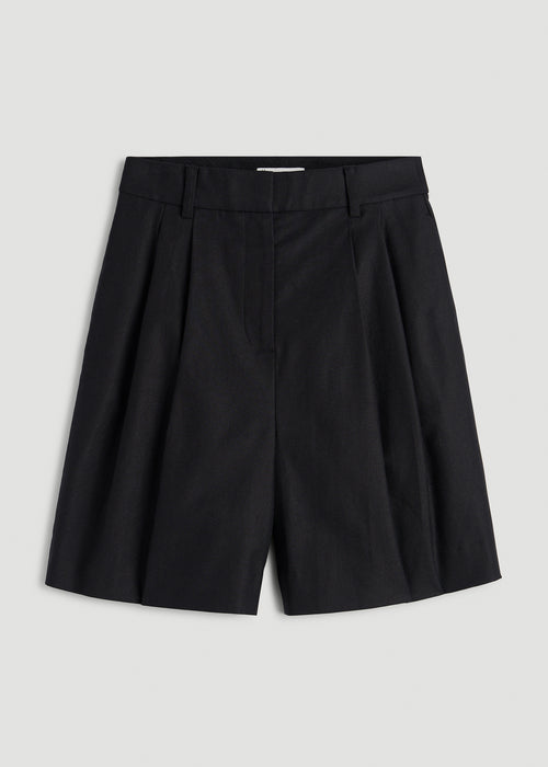 Stretch Cotton Linen Blend Pleated Shorts for Tall Women in Black
