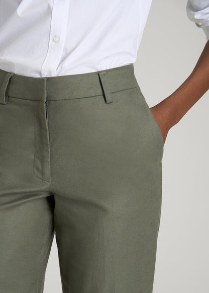 Stretch Linen Blend Dress Pants for Tall Women in Olive