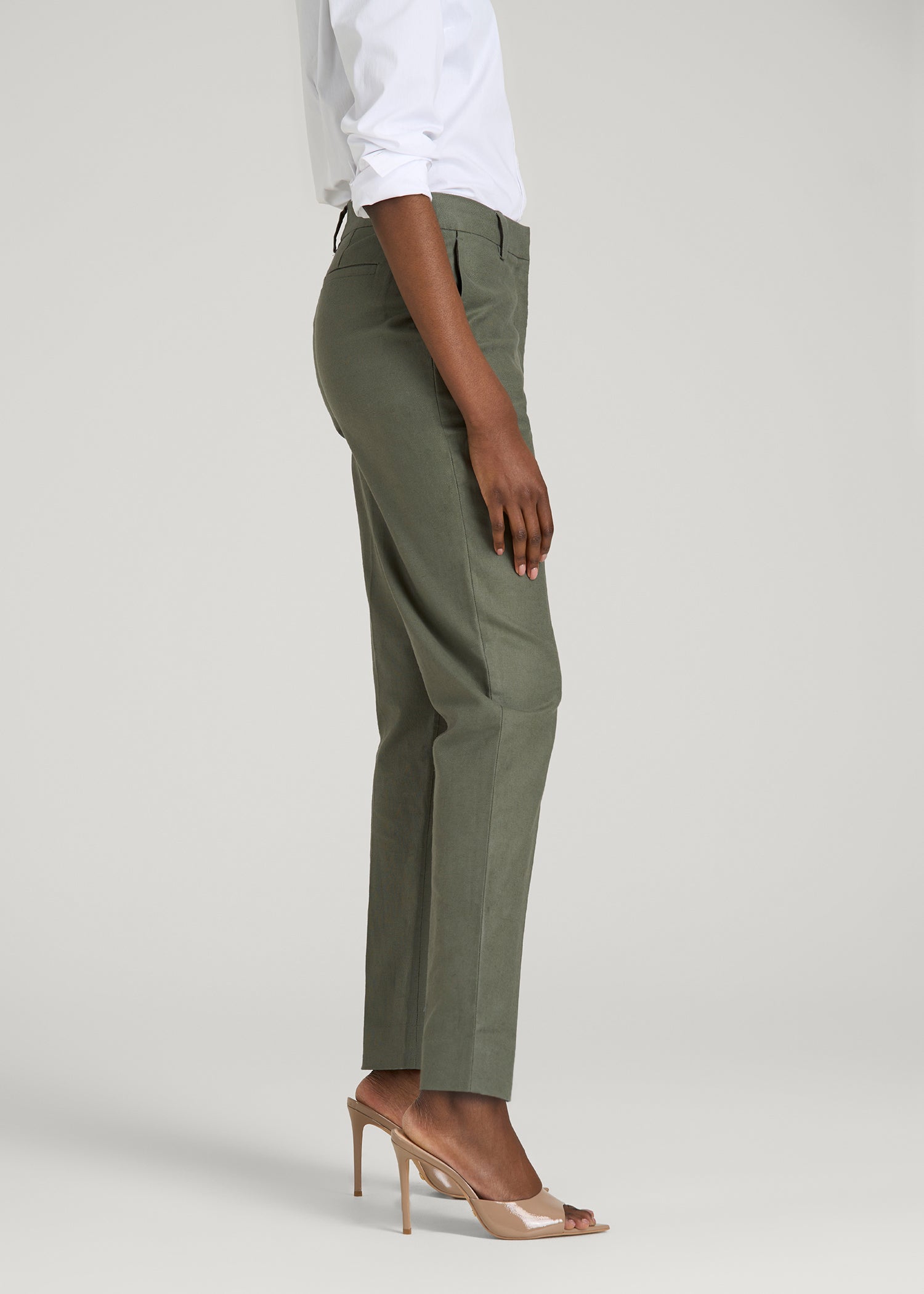 Stretch Linen Blend Dress Pants for Tall Women in Olive