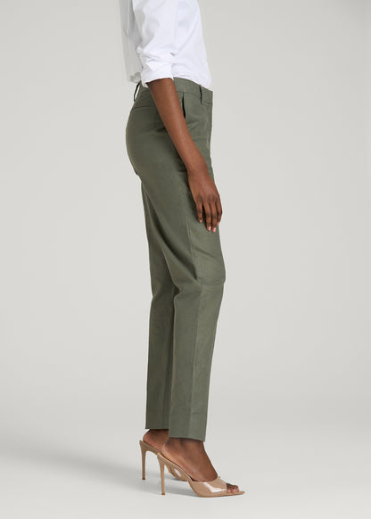 Stretch Linen Blend Dress Pants for Tall Women in Olive
