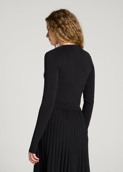Structured Knit Cropped Long Sleeve Top for Tall Women in Deep Black