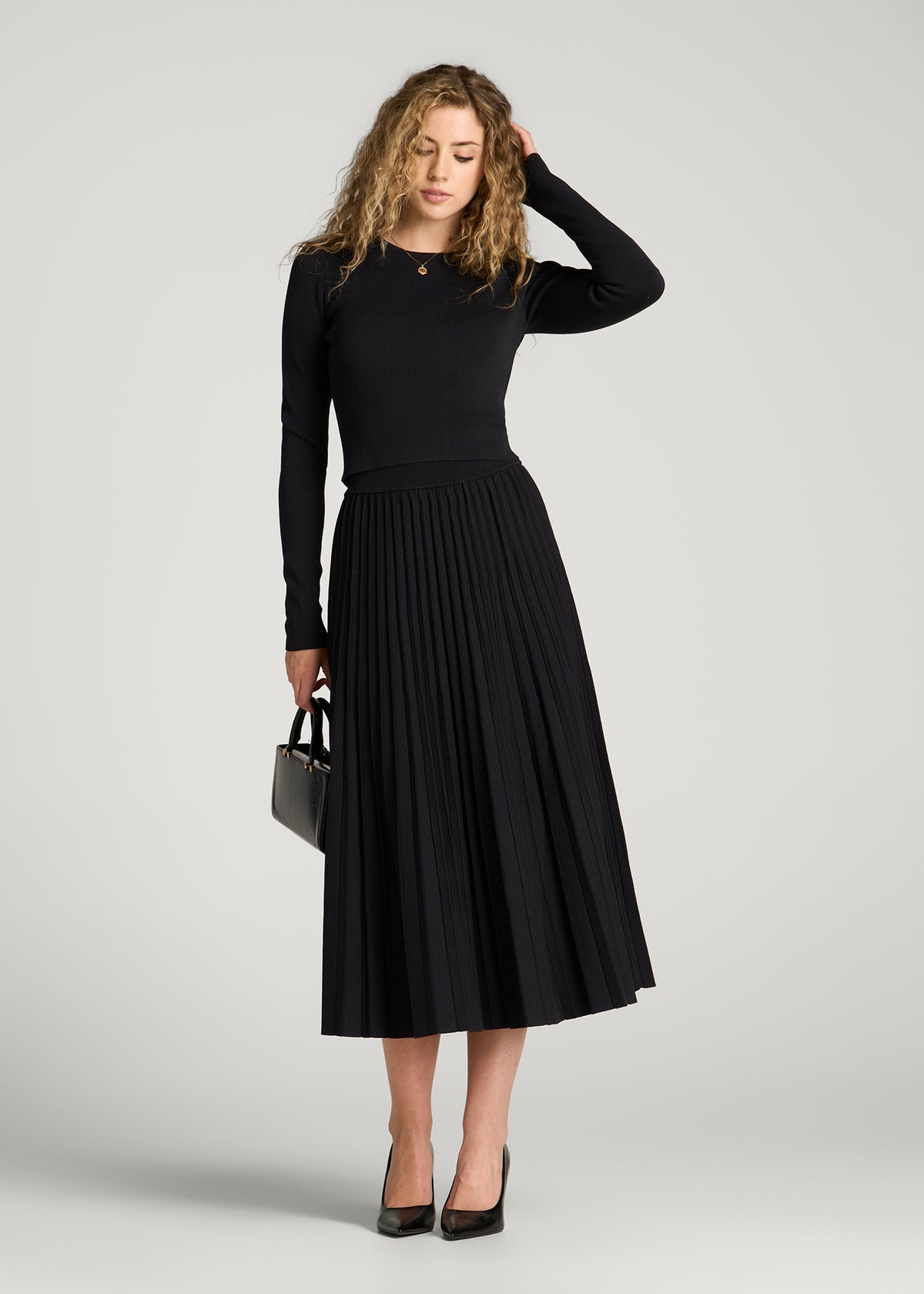 Structured Knit Cropped Long Sleeve Top for Tall Women in Deep Black