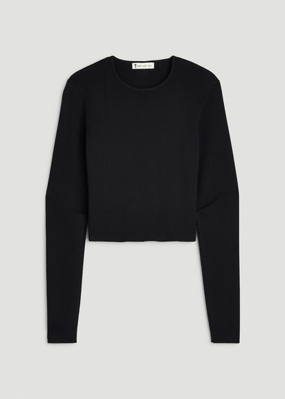 Structured Knit Cropped Long Sleeve Top for Tall Women in Deep Black