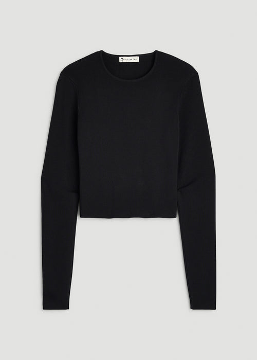 Structured Knit Cropped Long Sleeve Top for Tall Women in Deep Black
