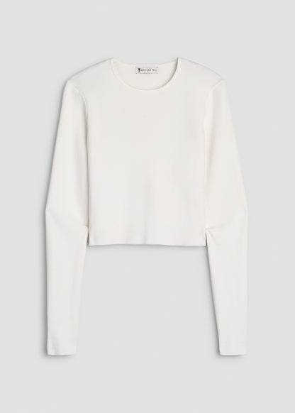 Structured Knit Cropped Long Sleeve Top for Tall Women in White Alyssum