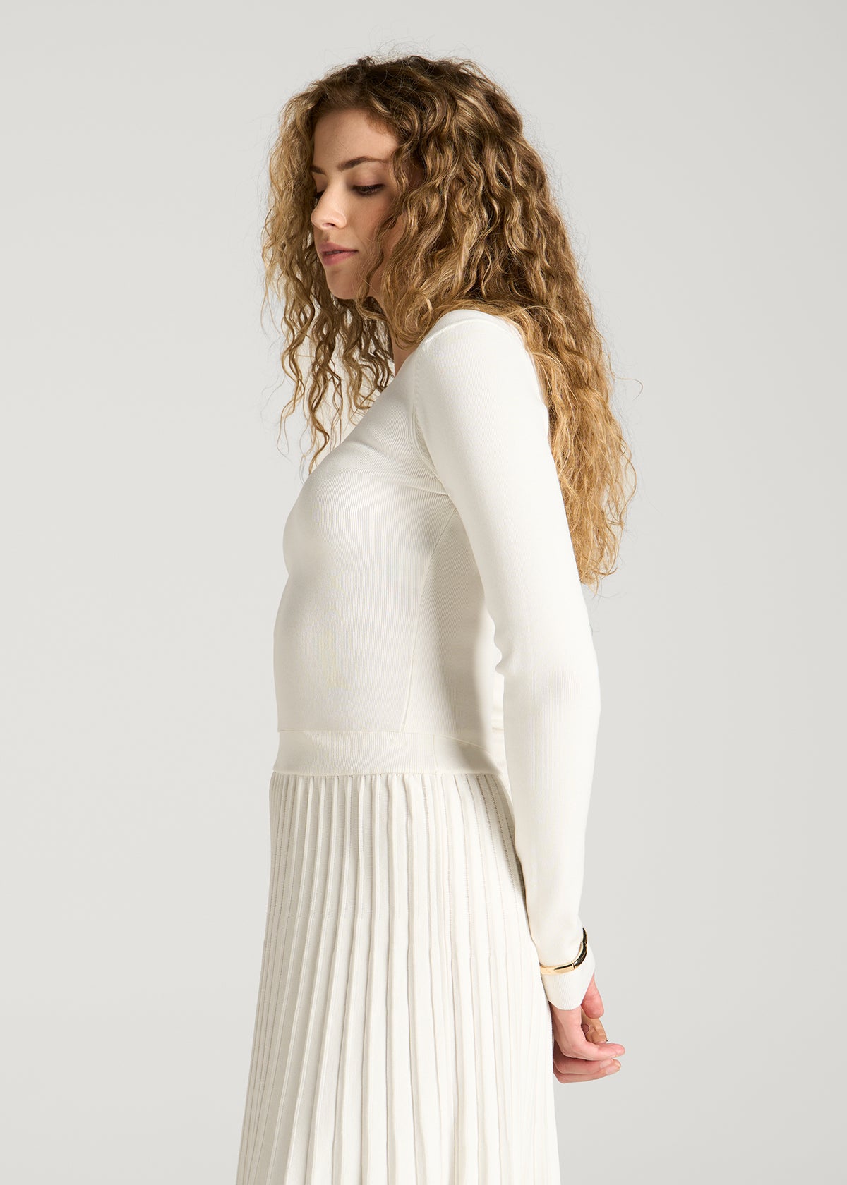 Structured Knit Cropped Long Sleeve Top for Tall Women in White Alyssum