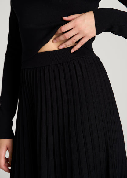 Structured Knit Pleated Midi Skirt for Tall Women in Deep Black