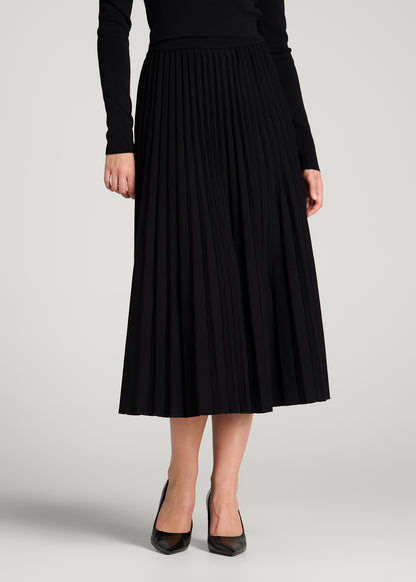 Structured Knit Pleated Midi Skirt for Tall Women in Deep Black