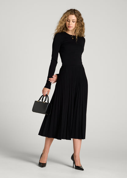 Structured Knit Pleated Midi Skirt for Tall Women in Deep Black