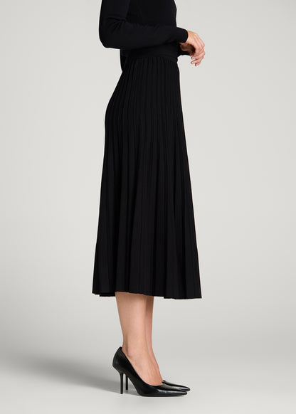 Structured Knit Pleated Midi Skirt for Tall Women in Deep Black