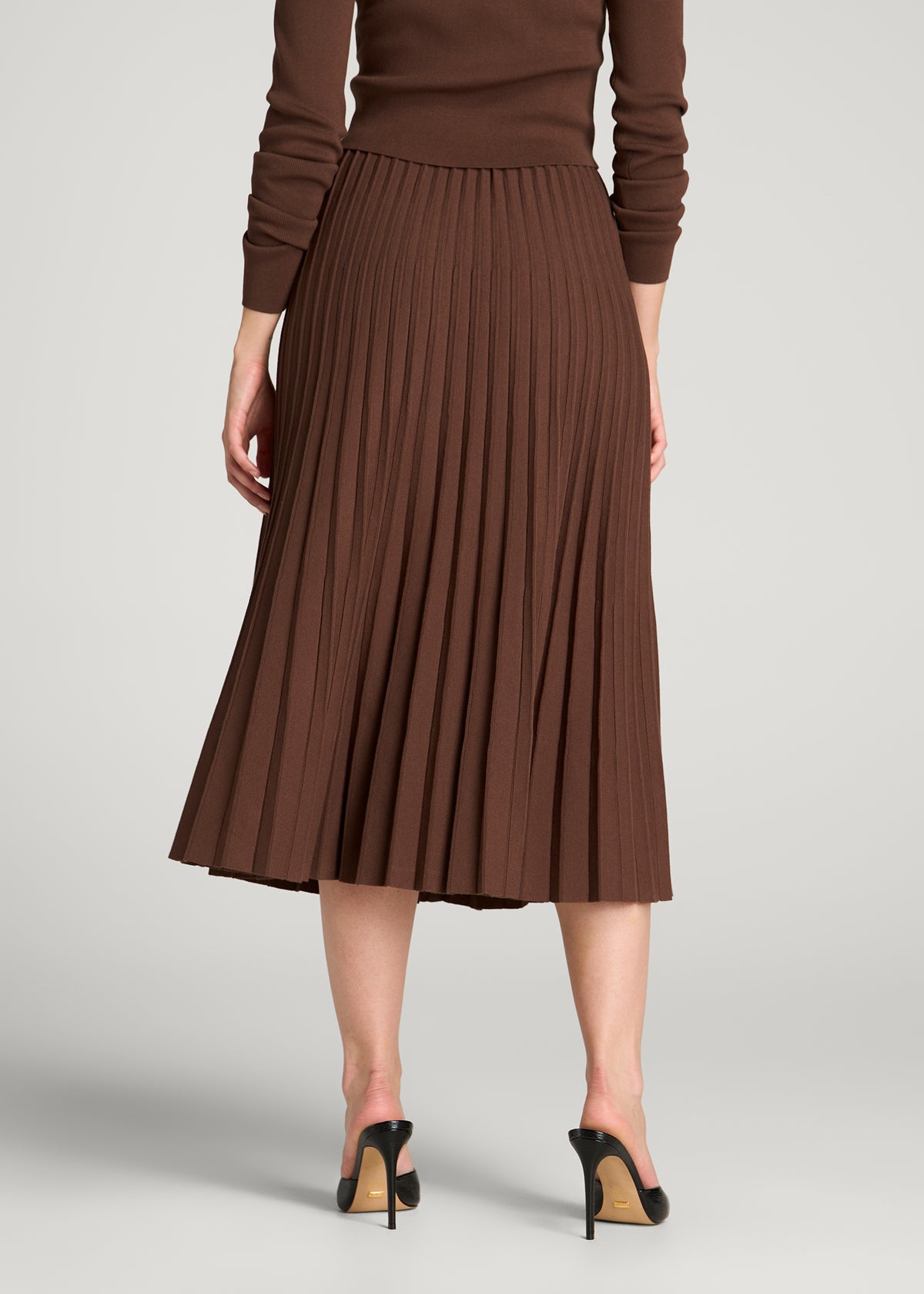 Structured Knit Pleated Midi Skirt for Tall Women in Deep Caramel